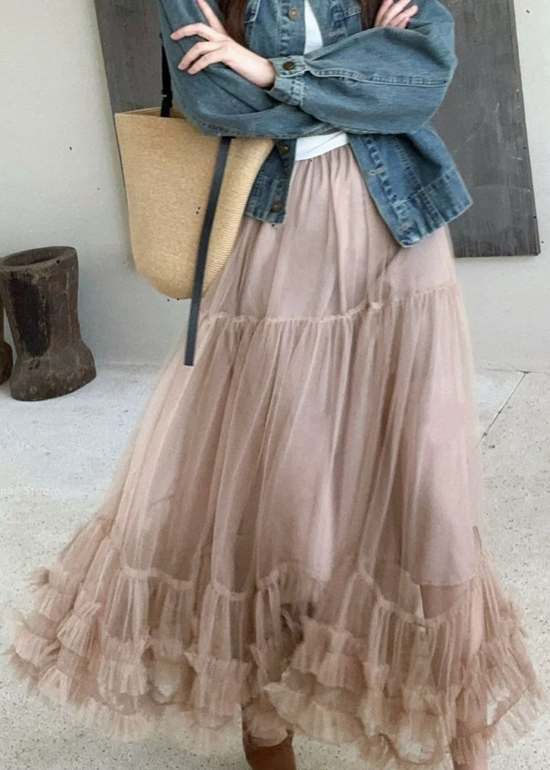 Art Khaki Ruffled Elastic Waist Tulle Skirt Summer