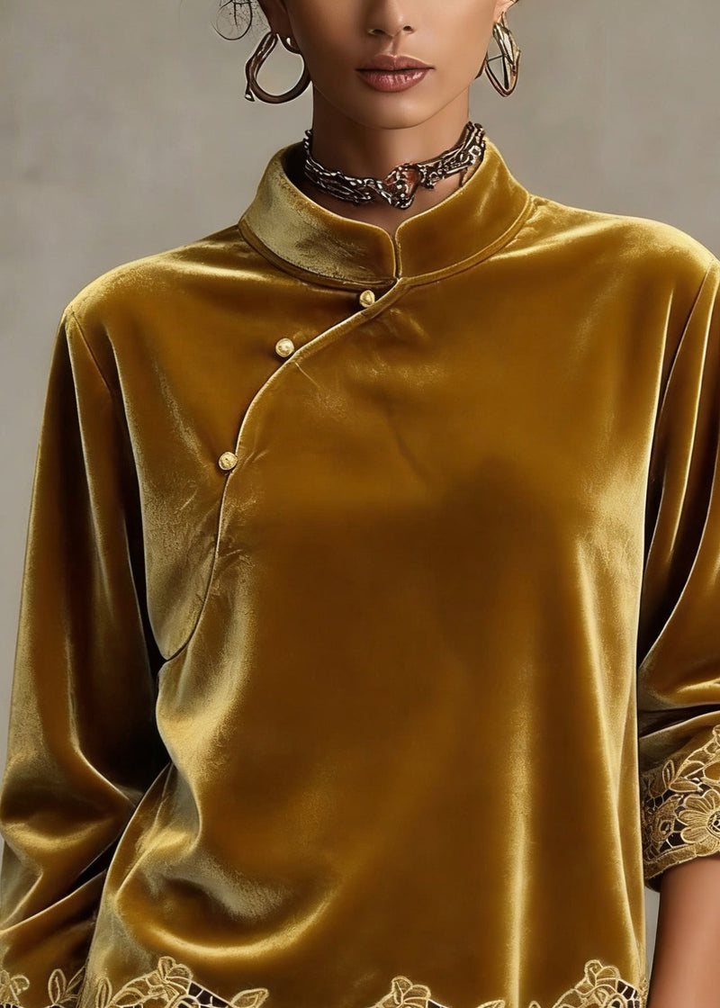 Handmade Yellow Hollow Out Button Shirt Spring