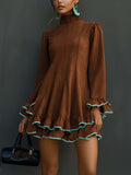 Brown Faux Suede Mini Dress With Mint Green Hem