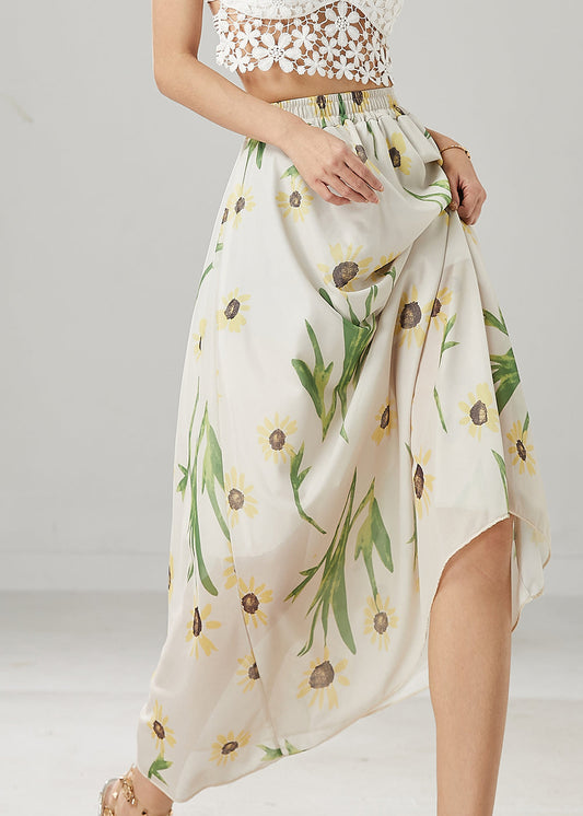 White Bamboo Print Linen Skirts Summer