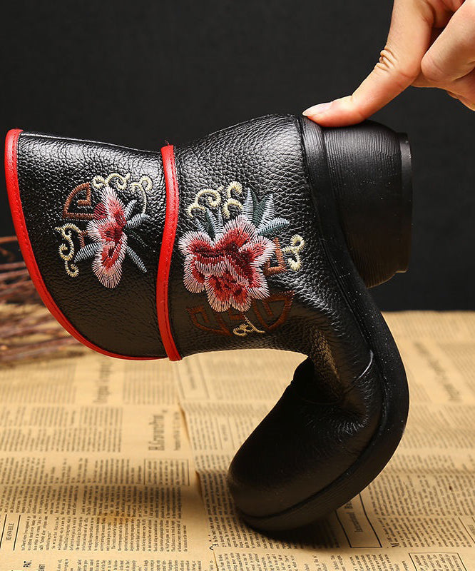 Embroidery Warm Fleece Boots Black Chunky Cowhide Leather