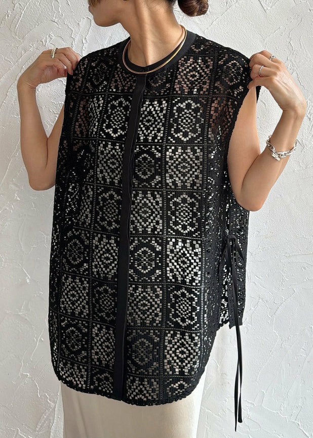 Black Oversized Hollow Out Lace Tops Sleeveless
