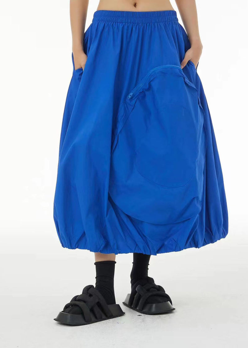 Blue Patchwork Cotton a Line Skirts Zip Up Pockets Summer