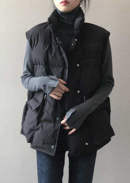 Stylish Black Stand Collar Pockets Regular Winter Down Vest