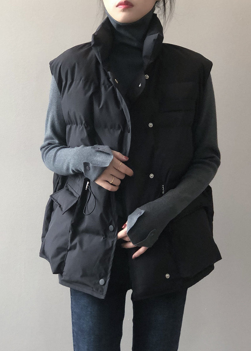 Stylish Black Stand Collar Pockets Regular Winter Down Vest