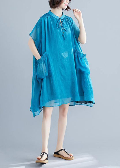 Beach Stand Collar Pockets Chiffon Stylish Fabrics Blue Love Dresses Summer