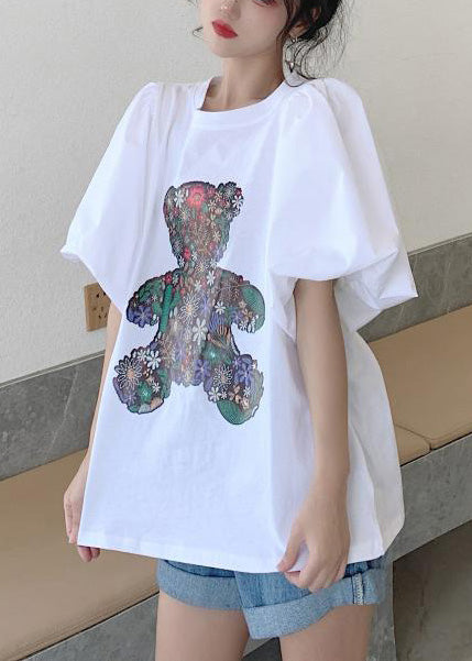 White Bear Print Cotton Tank Tops Puff Sleeve