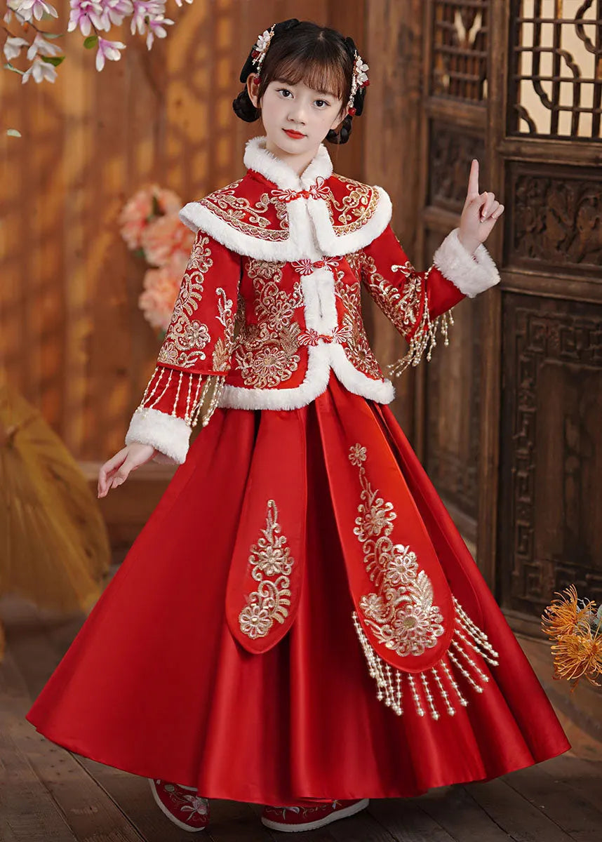 Style Red Embroideried Tassel Coats and Long Skirts Two Piece Set Long Sleeve