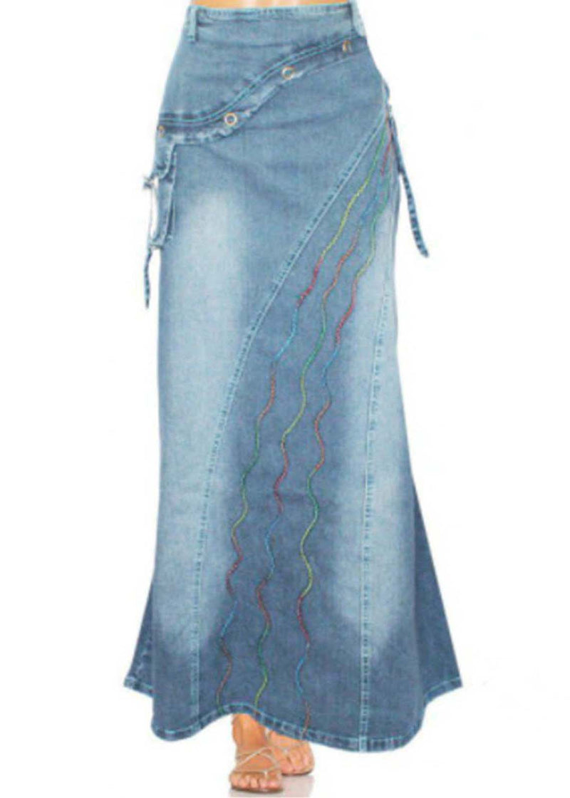 Blue Embroideried Patchwork Denim Skirts Summer