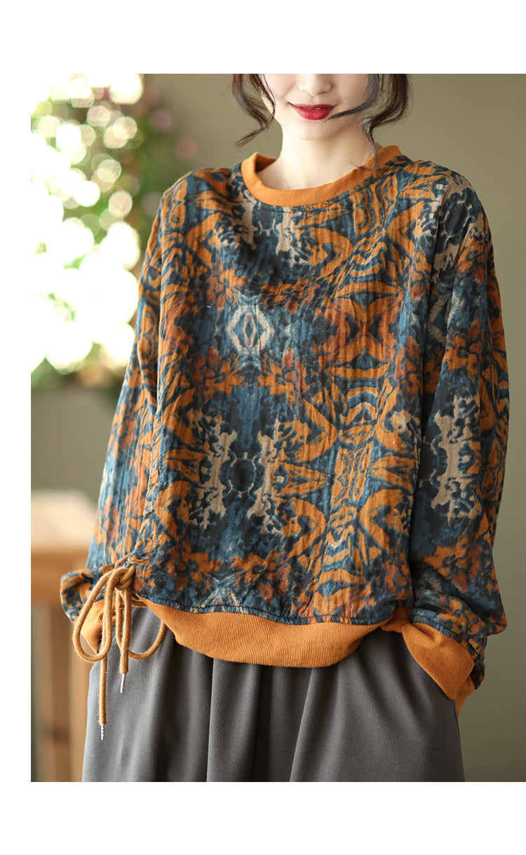Large Size Slim Round Neck Printed Retro Loose Sweater