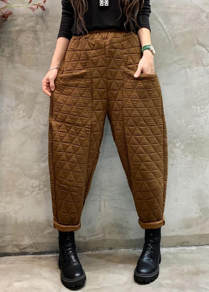 New Coffee Pockets Elastic Waist Cotton Filled Harem Pants Winter