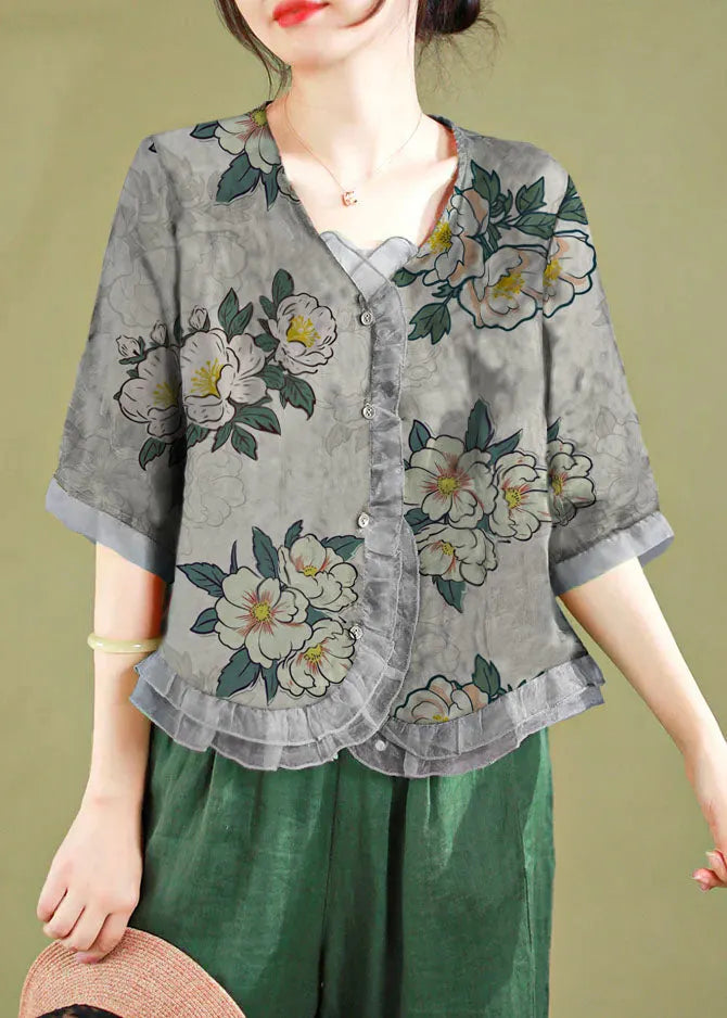 Red Ruffled Button Patchwork Linen Blouse Top Summer