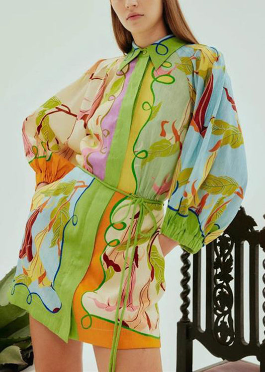 Green Print Tie Waist Mid Dress Short Sleeve