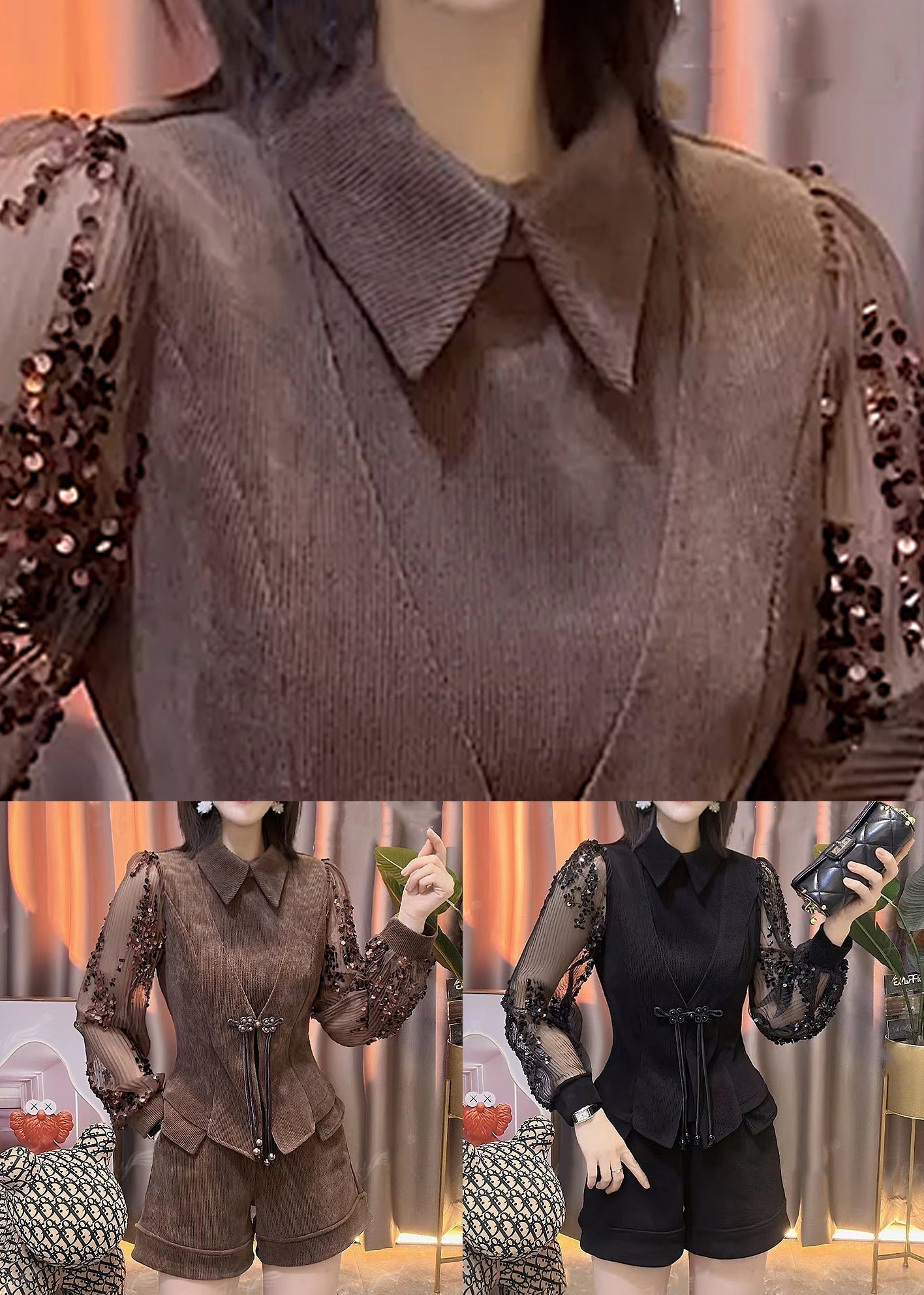 French Coffee Sequins Tops and Shorts Cotton Two-piece Set Spring