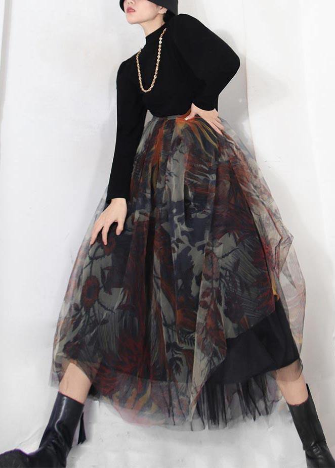 Boutique Black Print Asymmetrical Design Tiered Skirt Summer