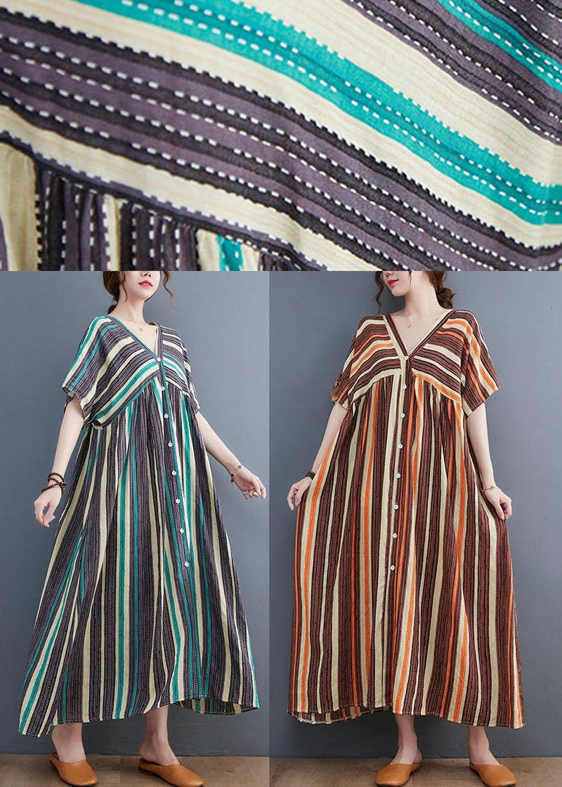 Orange Striped V Neck Patchwork Holiday Cotton Linen Dress