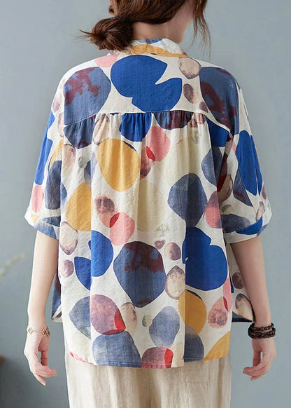 Blue Stand Collar Button Print Fall Half Sleeve Shirt Top