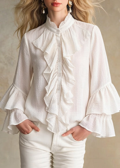 Apricot Stand Collar Ruffled Button Cotton Shirt