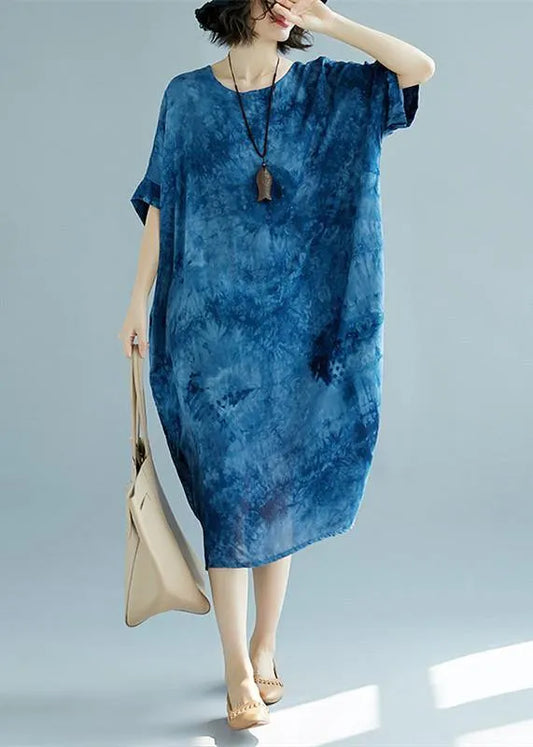 Blue Long Linen Dress O Neck Linen Clothing Dresses Short Sleeve Baggy Dresses Linen Caftans
