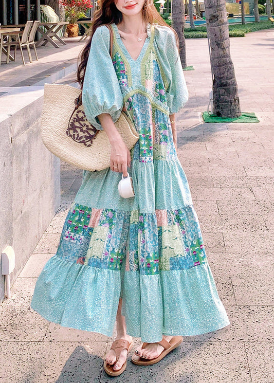Blue Print Side Open Patchwork Cotton Maxi Dresses Half Sleeve
