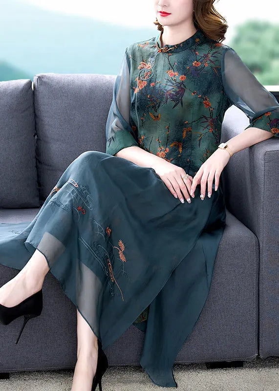 Green Embroideried Button Silk Shirts and Maxi Skirts Two Pieces Set Half Sleeve