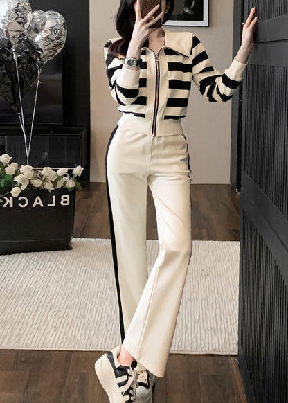 Apricot Striped Zippered Cotton Tops and Pants Sport Suit Spring