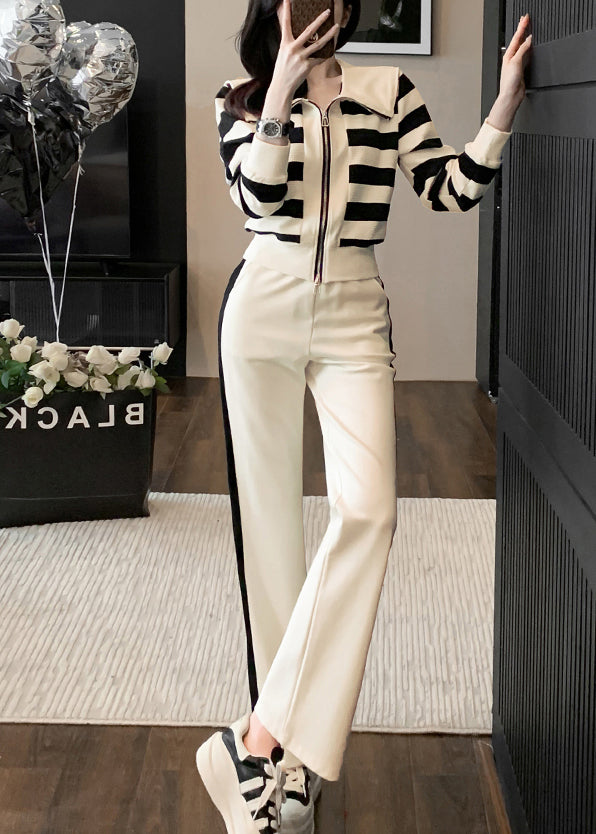 Apricot Striped Zippered Cotton Tops and Pants Sport Suit Spring