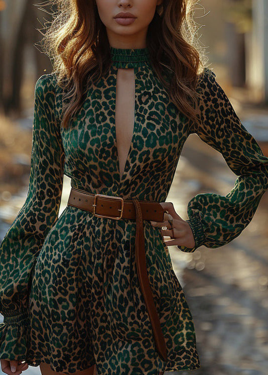 Stylish Green Leopard V Neck Cotton Mini Dress Long Sleeve