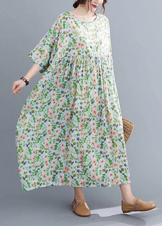 Light Green O-neck Patchwork Print Summer Dress Half Sleeve