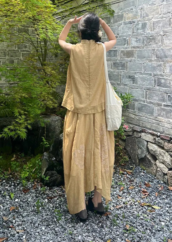 Yellow Lace Patchwork Tops and Skirts Cotton Two Pieces Set Summer