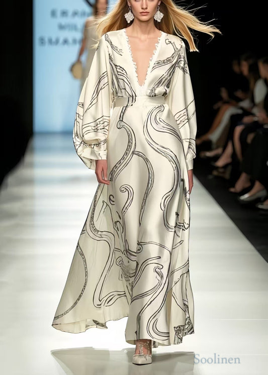White Oversized Print Silk Vacation Dresses Spring