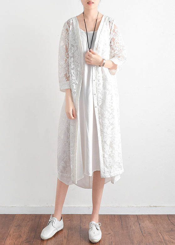 Diy White Lace Clothes Cotton V Neck Daily Summer Hollow Out Cardigan