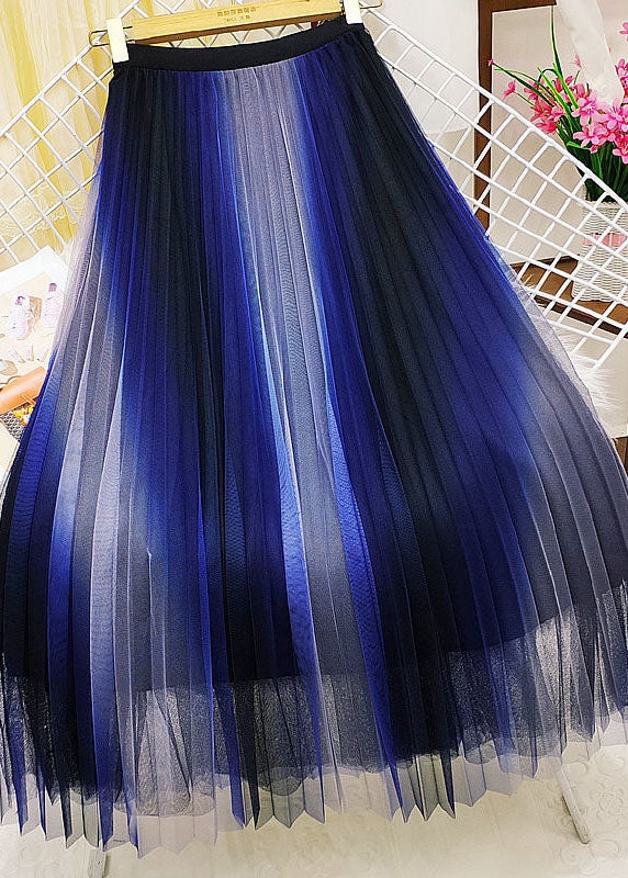 Unique Blue Elastic Waist Gradient Color Wrinkled Tulle a Line Skirts Spring