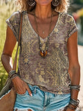 Vintage Ethnic Floral Art Print 100%Cotton V-neck T-Shirt