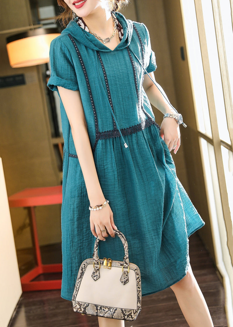 Lake Blue Hooded Pockets Patchwork Cotton Dress Summer