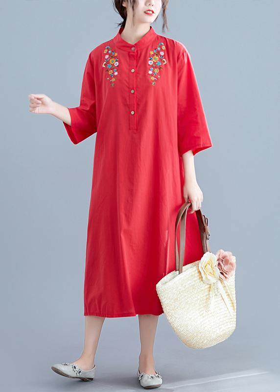 Stand Collar Pockets Cotton Tunics for Work Outfits Red Embroidery Maxi Dresses Summer