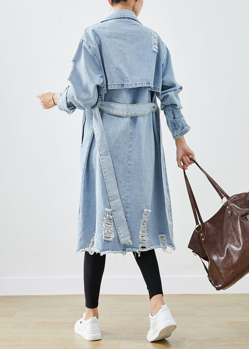 Light Blue Lapel Double Breast Denim Ripped Coats Fall
