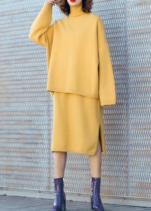 Autumn New Temperament Yellow High Collar Long-sleeved Sweater Suit Skirt Two-piece