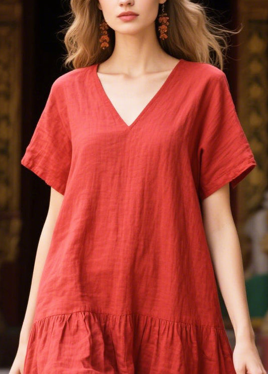 Red V Neck Patchwork Print Cotton Holiday Dress Summer
