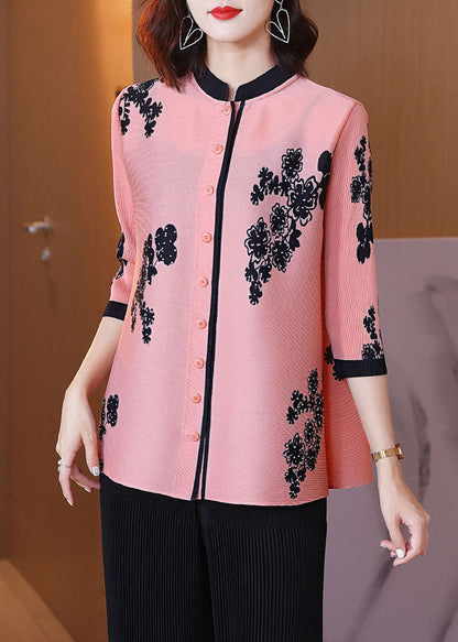 Pink Stand Collar Print Patchwork Button Shirts Bracelet Sleeve