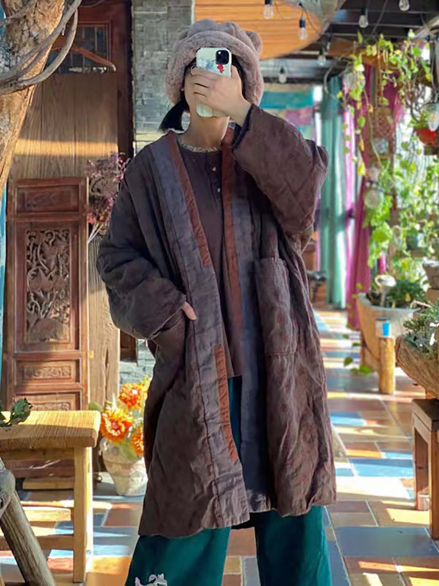 Linen Retro Print Pocket Long Sleeve Coat