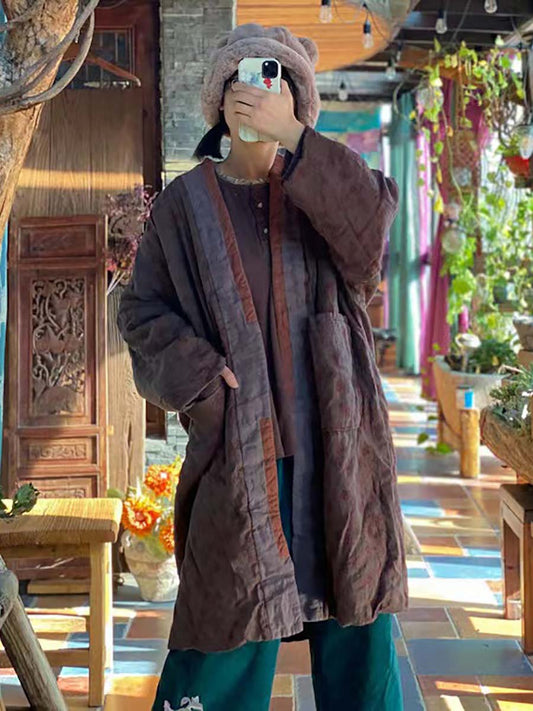 Linen Retro Print Pocket Long Sleeve Coat