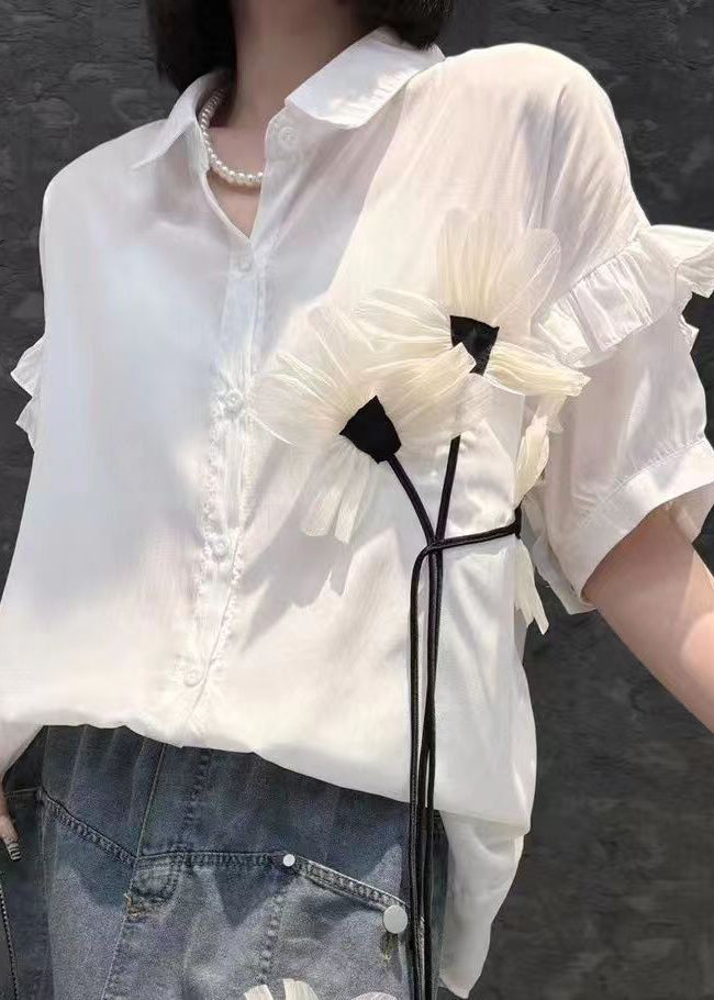 Modern White Peter Pan Collar Shirts and Denim Skirts Two Pieces Set Short Sleeve