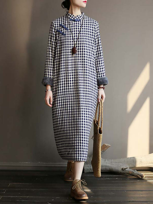 Chinese Style Winter Frog Thick Plaid Robe Dress