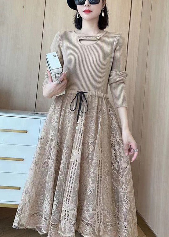 Khaki Tie Waist Lace Patchwork Dresses Spring