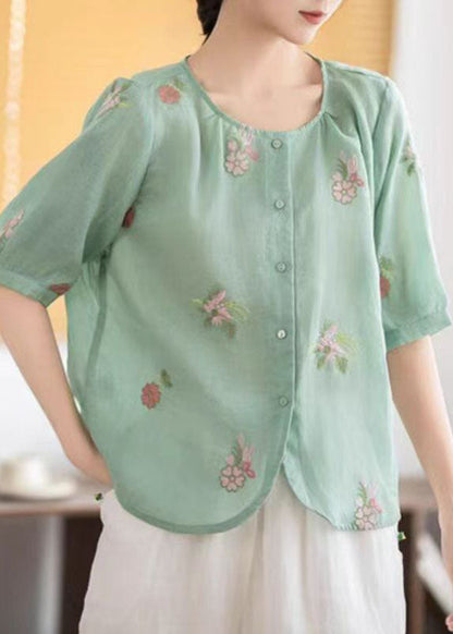 Green Embroidered Linen Top Half Sleeve