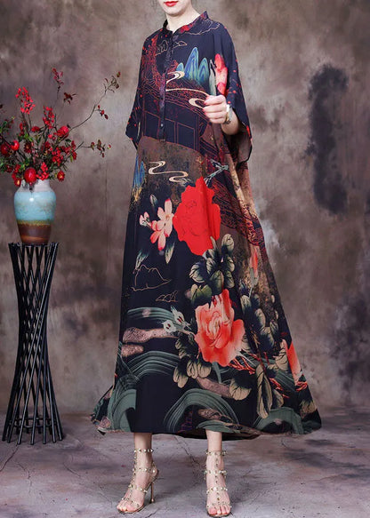Coffee Stand Collar Button Print Silk Holiday Dress Batwing Sleeve