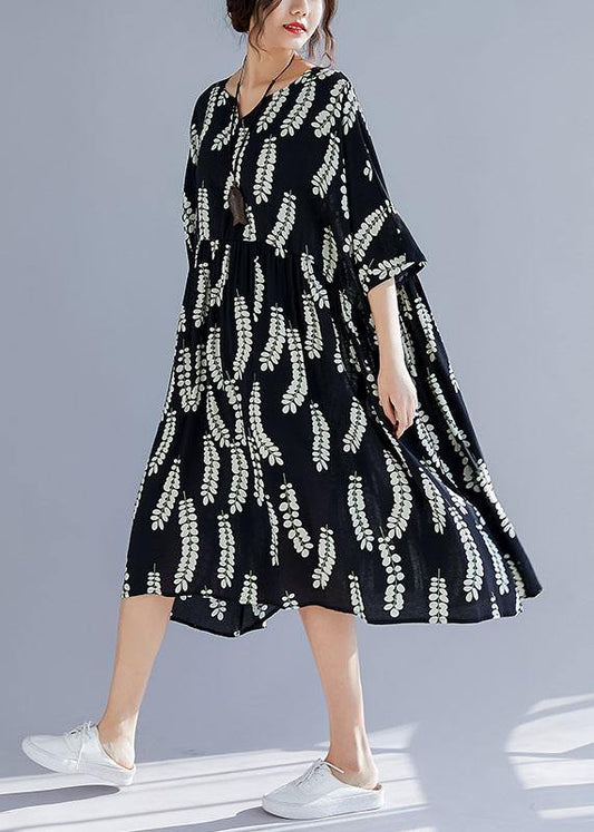 Natural Black Prints Cotton Tunics V Neck a Line Summer Dresses