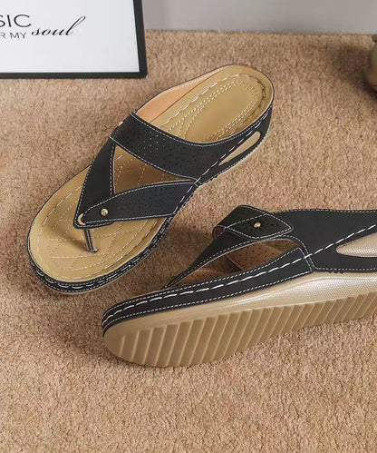 Unique Black Splicing Wedge Thong Sandals Faux Leather