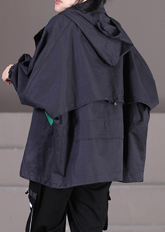 Black Drawstring Patchwork Zippered Button Hooded Trench Coats Fall